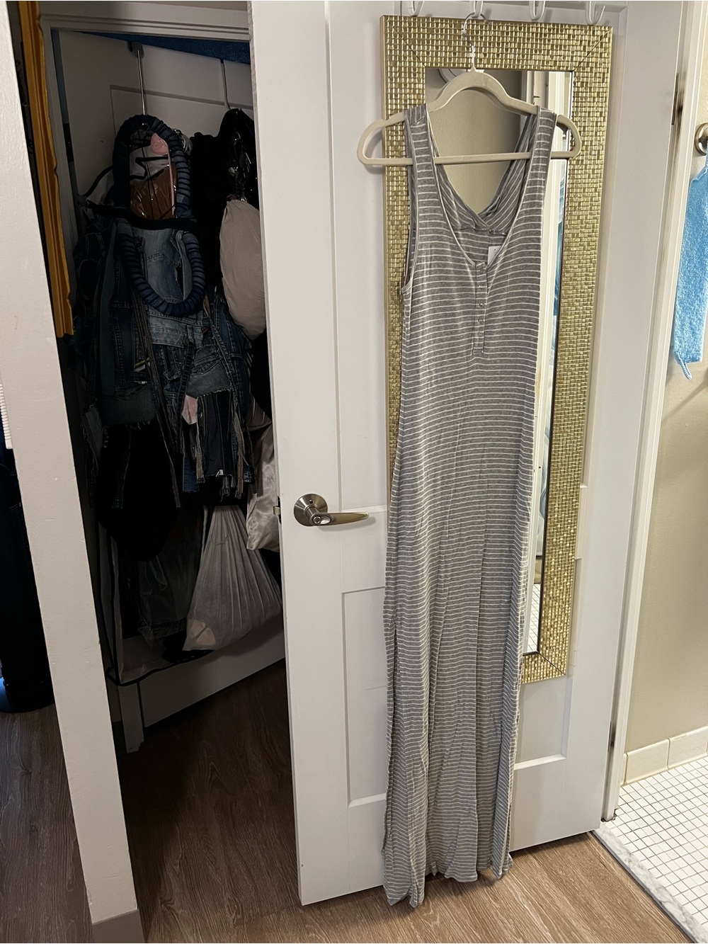 LAmade Gray and White Striped Sleeveless V-Neck Maxi Dress